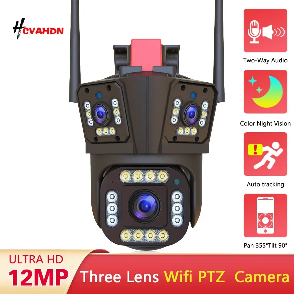 

4K Wi-Fi PTZ IP-камера с тремя объективами и двойным экраном 12 МП с автоматическим отслеживанием Беспроводная камера видеонаблюдения Цветная камера ночного видения