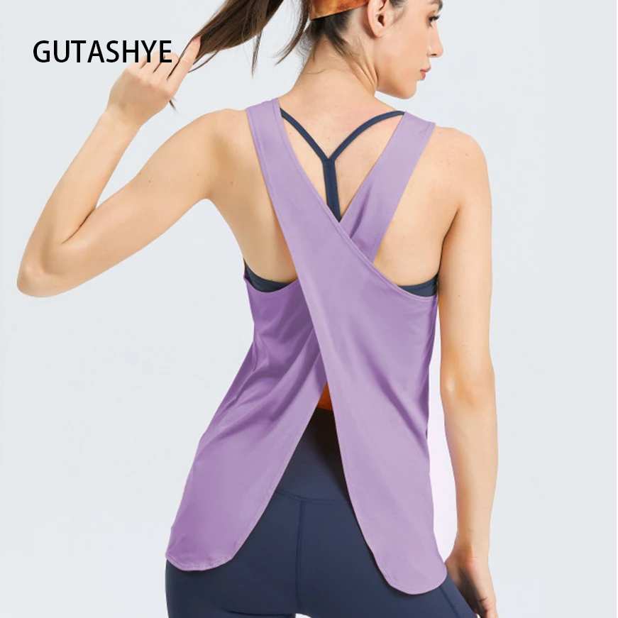 Camisas sem mangas de Fitness Mulher Esporte Blusa Poliéster Split Back Ginásio Roupas Dança Jogging Treinamento Workout Yoga Vest Tops