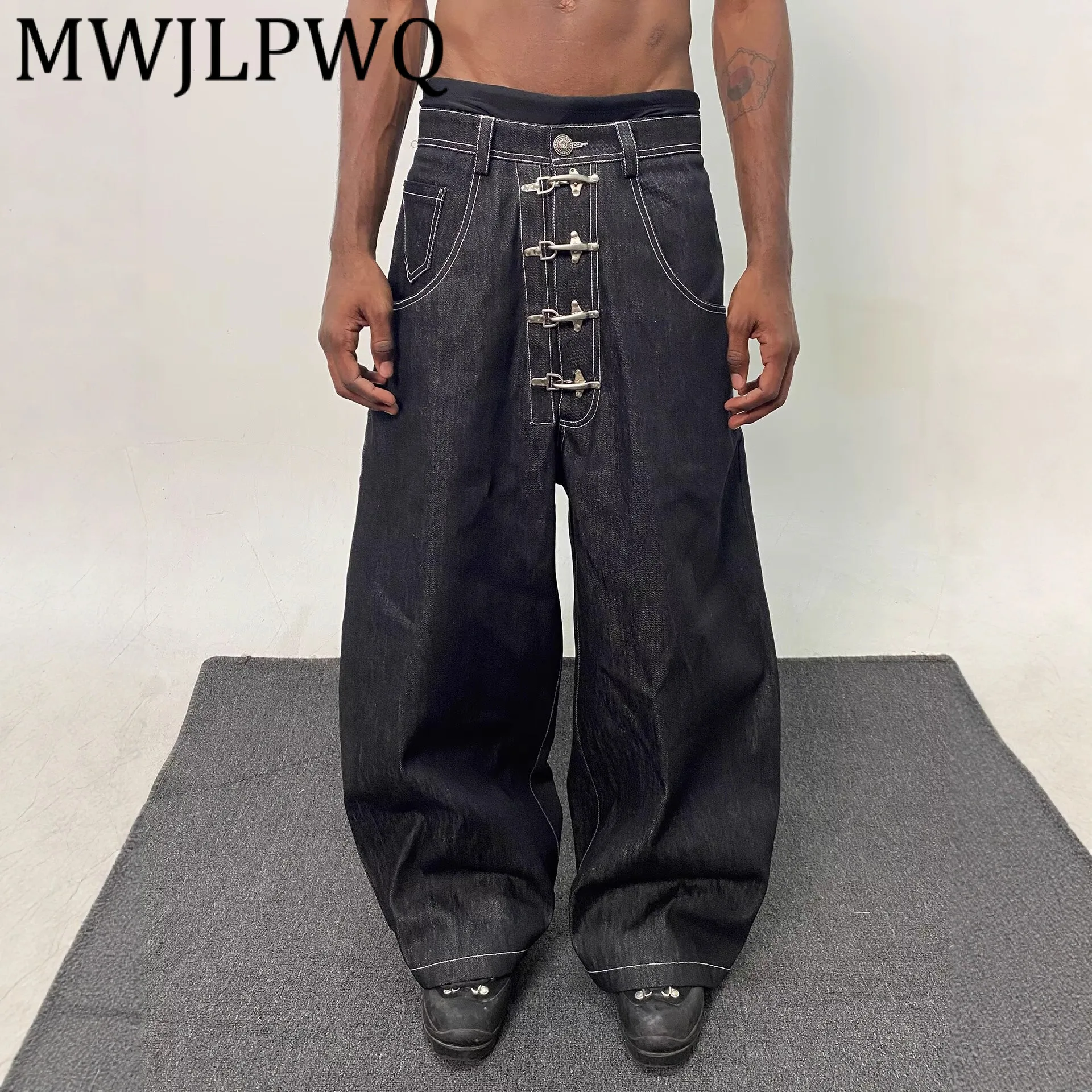 

MWJLPWQ American Street Style Design Cowhide Jeans Buckle Design Male Casual Baggy Silhouette Machete Wide Leg Denim Pants 11977
