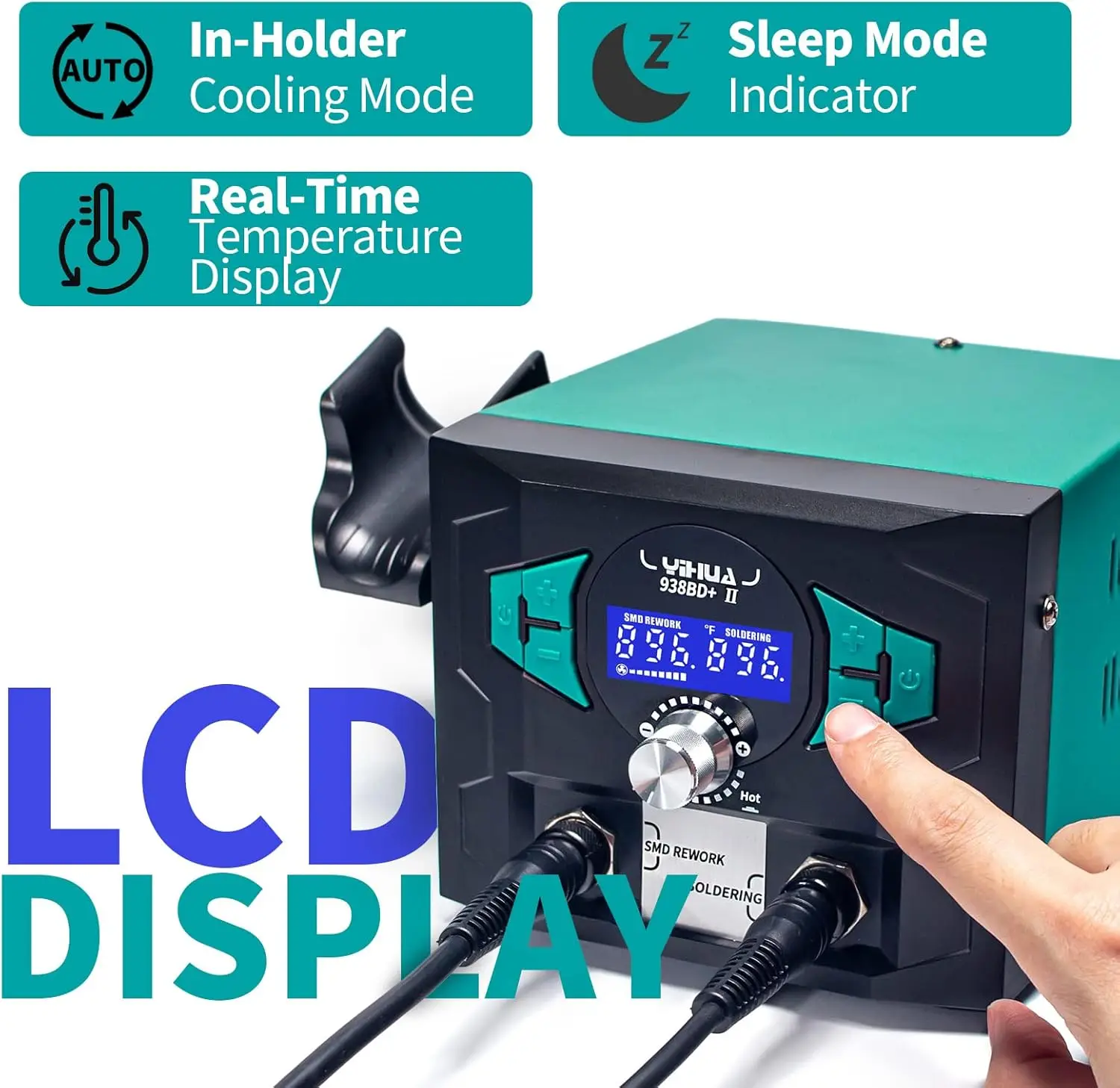 Estação de ferro de solda 938BD+ II com ar quente, modo de suspensão, display de temperatura dupla, 3 pontas, suporte X-2