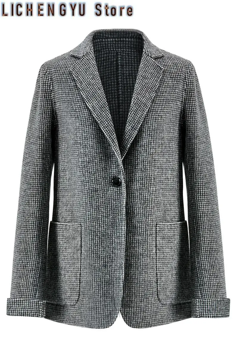 New Houndstooth Pattern Women's Coat Fall Winter Fashion Pure Wool Buckle Woolen Coat Top Women's Clothing