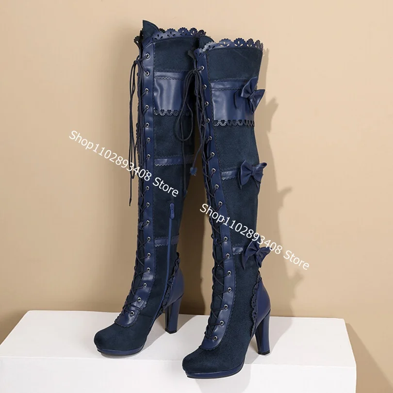 Botas aterciopeladas con decoración de mariposa Para mujer, Zapatos de tacón alto grueso con banda cruzada, a la moda, talla grande, Otoño, 2023