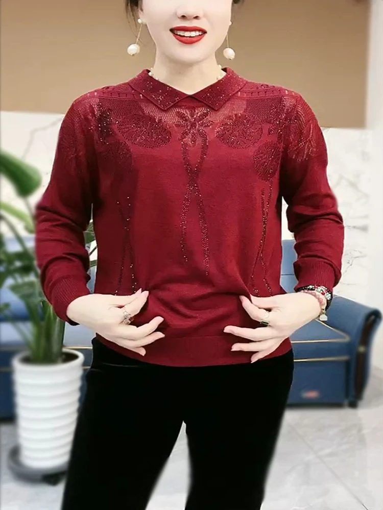 

New autumn and winter hollow out hot diamond knitted sweater fashion solid color versatile slimming top for mom's outfit