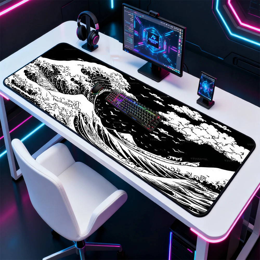 Great Wave Mouse Pad Kanagawa  - Desk Setup Black And White 评论和价格
