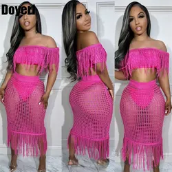 Sexy Crochet Hollow Out Beach Party 2 Piece Dress Sets Women Vacation Outfit Tassel Fringed Crop Top and Long Skirt Sets Summer