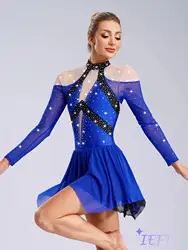 Vestido de patinaje artístico para mujer, traje de baile lírico de Ballet con diamantes de imitación brillantes, leotardo de gimnasia rítmica, Ropa de baile latino de Jazz