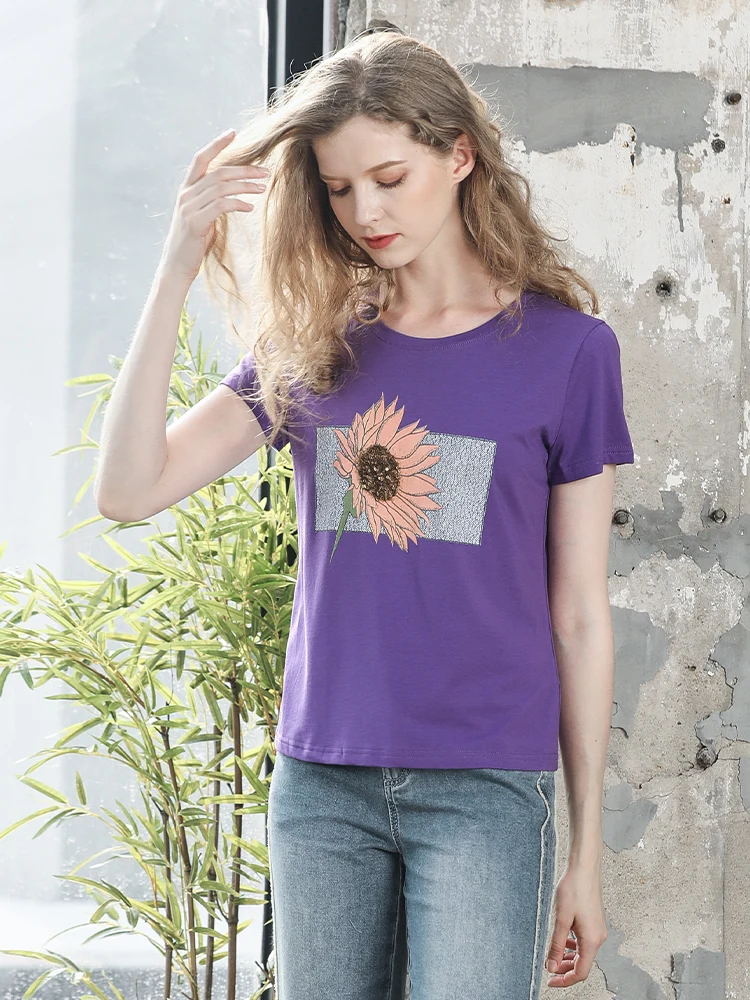

Slim Fit Embroidered ort Sve round Ne T-irt Women's Purple Print Cotton Modal Spandex Summer Casual Faion Top