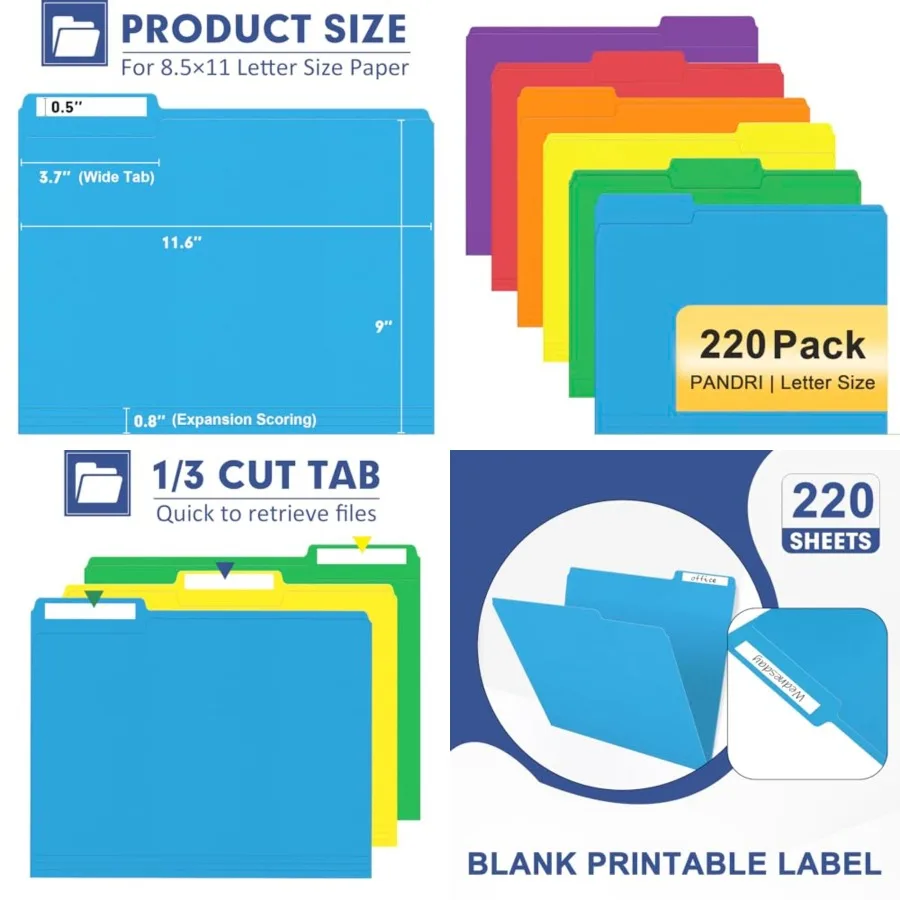 

File Folder PANDRI 220 Pack Colored File Folder with 1/3 Cut Tabs Letter Size Assorted 6 Colors for Organized Office School and