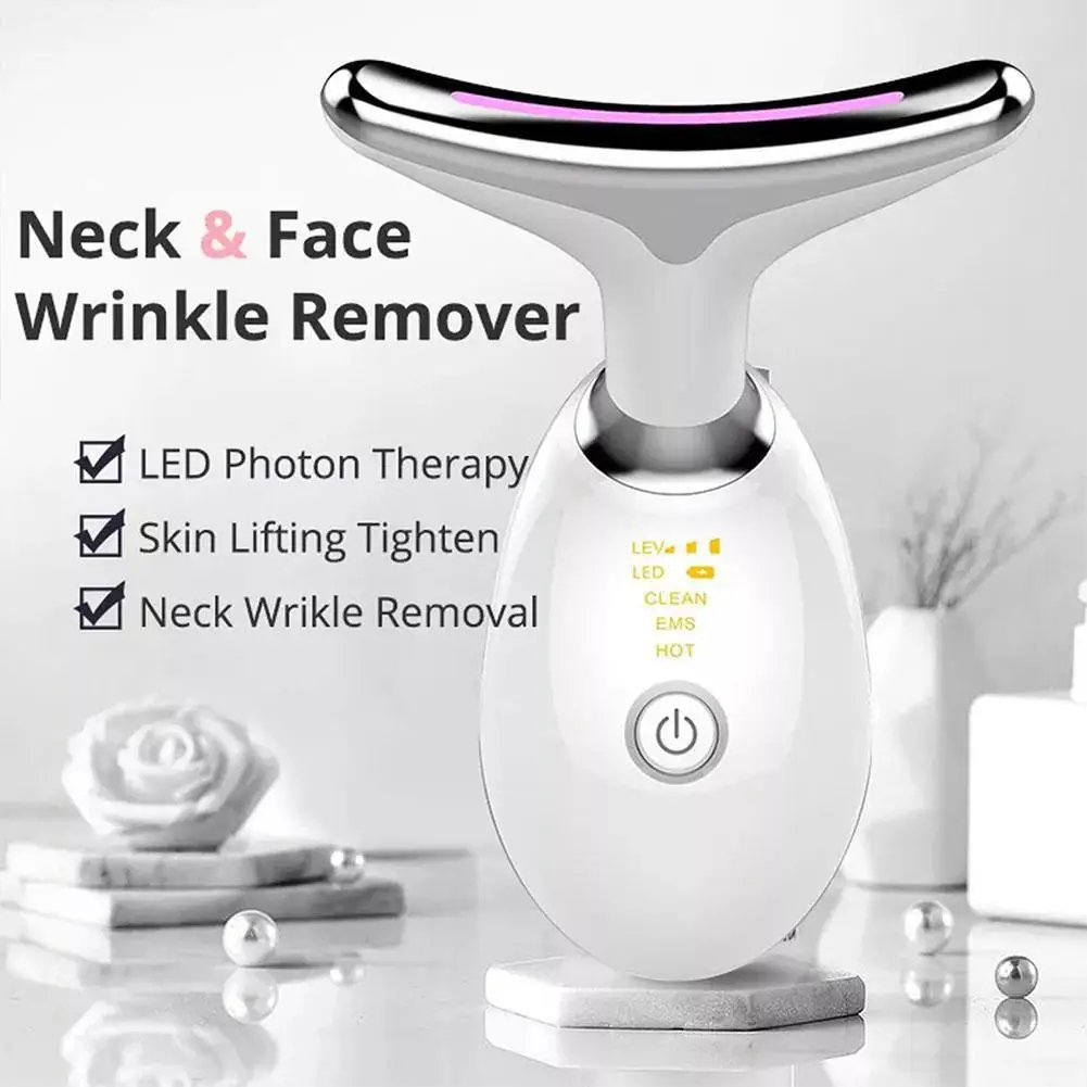 Neck Face Lifting 7 Color LED Photon Therapy Heating Microcurrent EMS Vibration V Line Chin Facial Slimmer Anti Wrinkle Massager