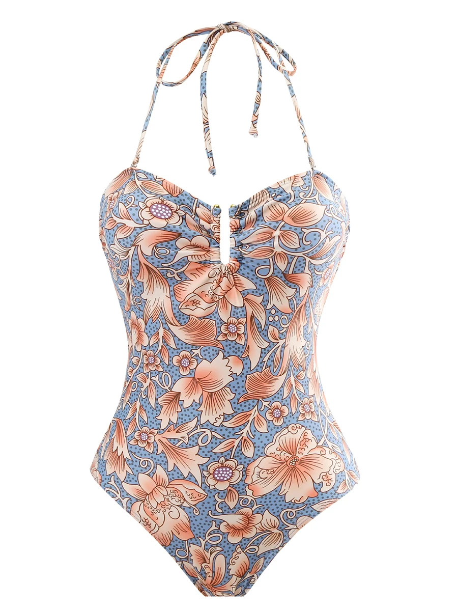 2024 Floral Halter Swimsuit U Neck Monokini Women One Piece Sexy Swimwear Female Beachwear Bathers Bathing Swimming Swim Suit