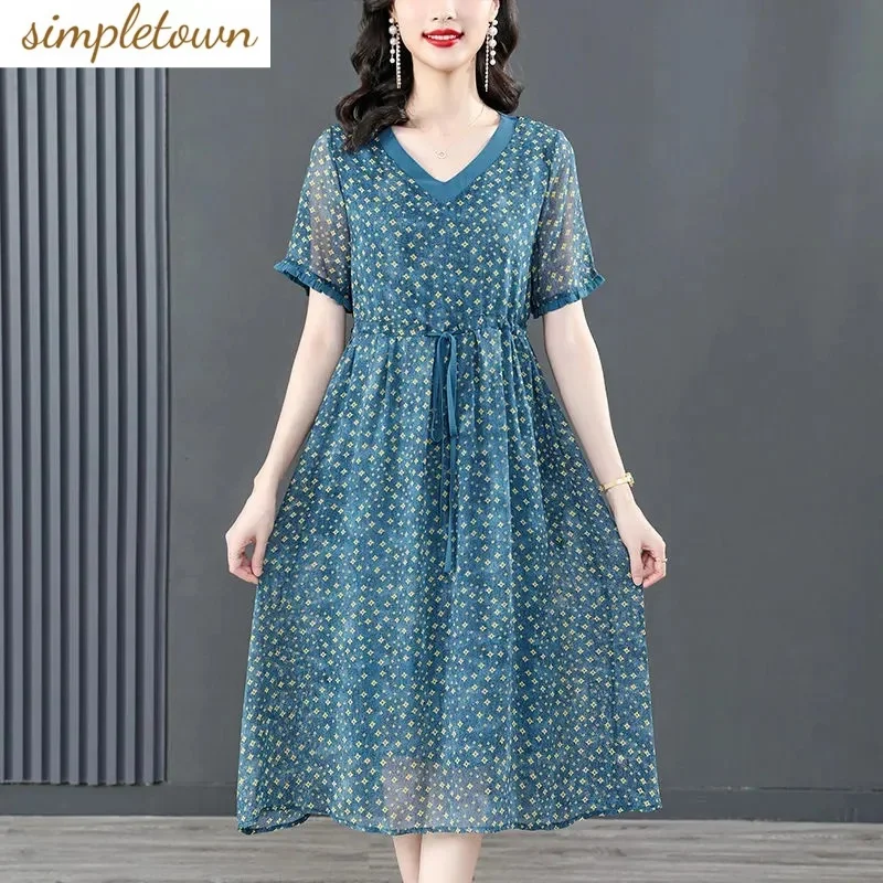 

2024 New Blue Fragmented Flower Dress Large Size Flesh Covering Waist Tight Slimming Over Knee Chiffon Inner Lining Dress