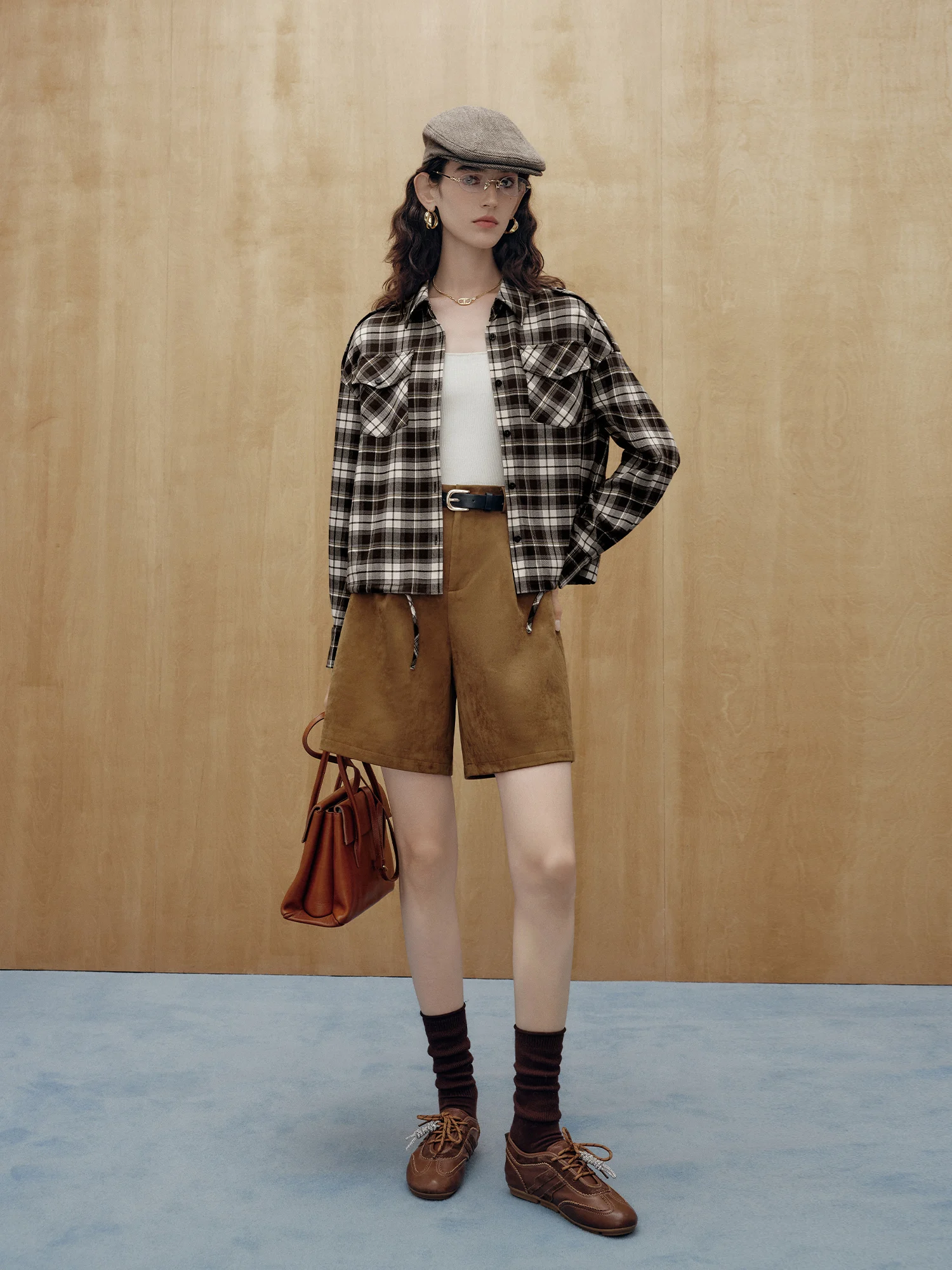 Fashionable Plaid Drawstring Shirt Women's Long Sleeve Autumn Design French Style Straight Cut Single Button Polyester Blend