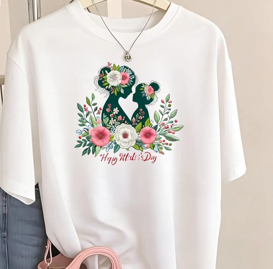 Women Happy Mother's Day Floral T Shirt Mom Daughter Heart Print Short Sleeve O Neck Casual Tops Black Streetwear Daily Wear
