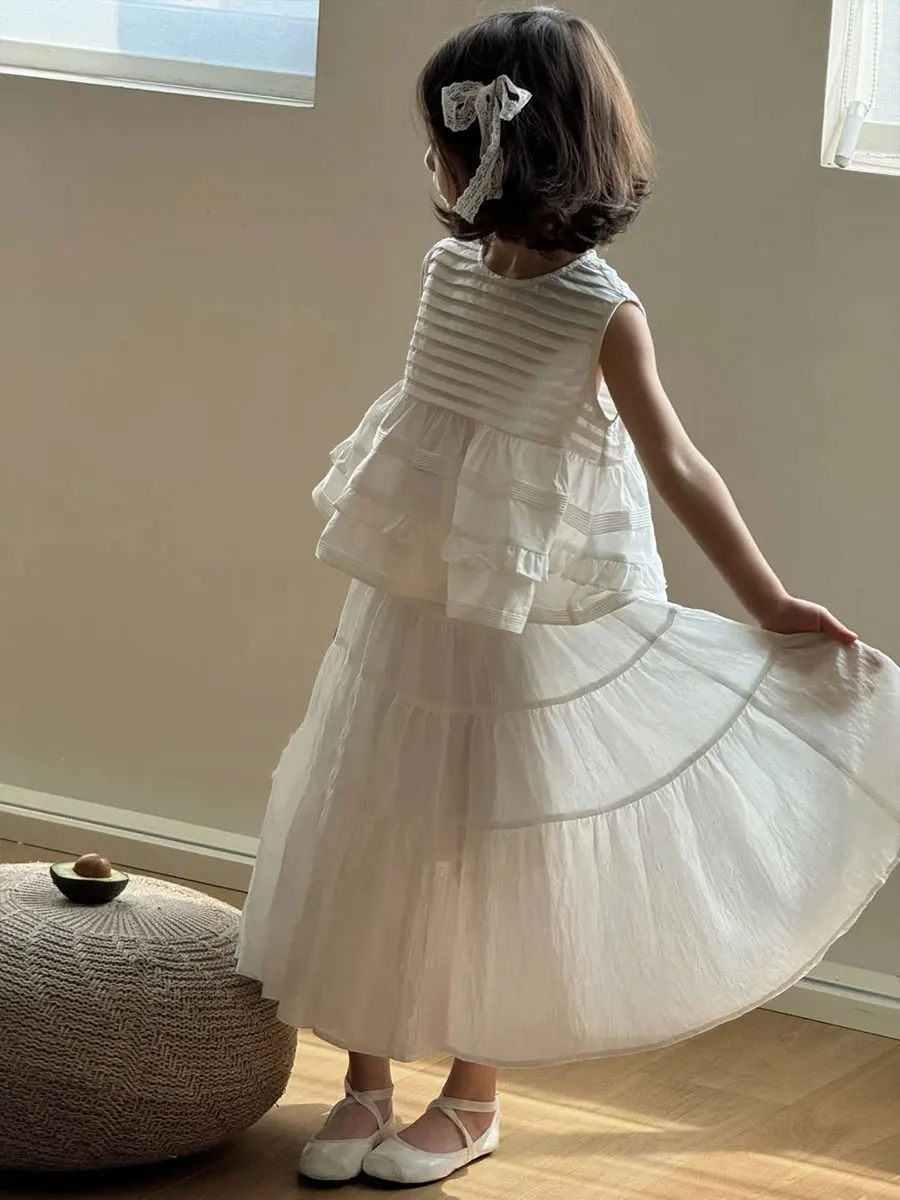 女の子の夏服セット ベストとスカート ホワイト おとぎ話 ショートスカート 子供服 カジュアルスタイル キッズと幼児向け