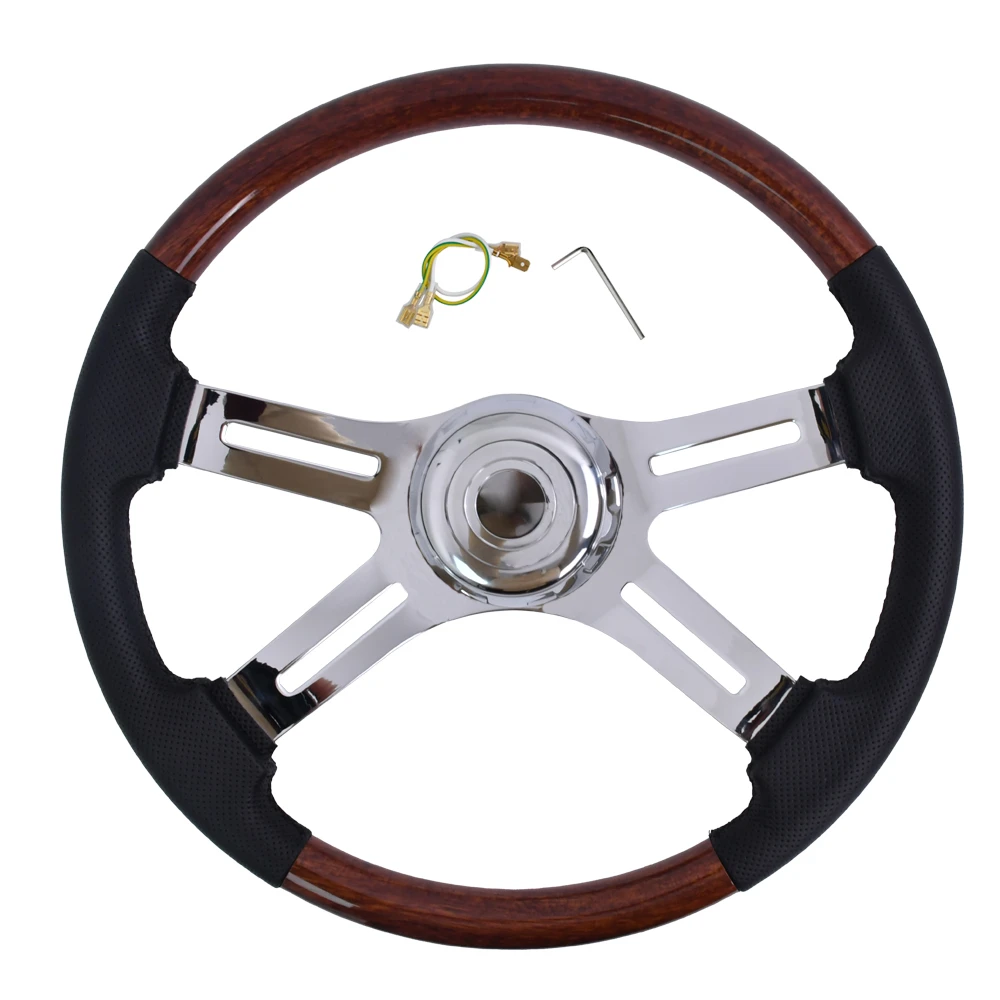 

18 inch Wood Grain Leather Truck Steering Wheel 4 Spoke Falt Aluminum Chrome Plated Steering Wheel for Semi-Trailers Trucks