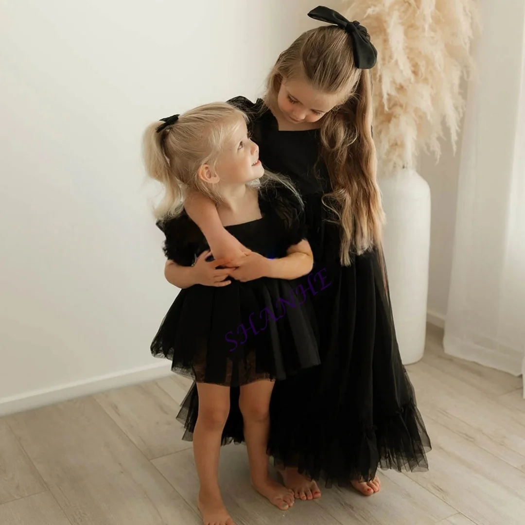 

Платье-юбка черного цвета длиной до колена с короткими пышными рукавами для девочек, для свадебных церемоний, танцевальных выступлений, дней рождения, на заказ