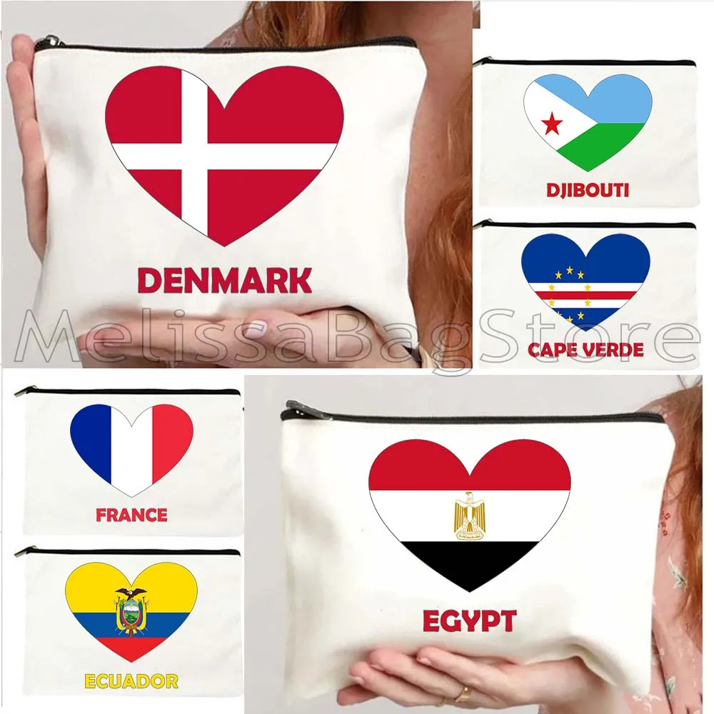 Denmark France Greece Egypt Ecuador Mexico Romania USA UAE Belgium Cape Verde Heart Flag Storage Cosmetic Bag Makeup Case Pouch