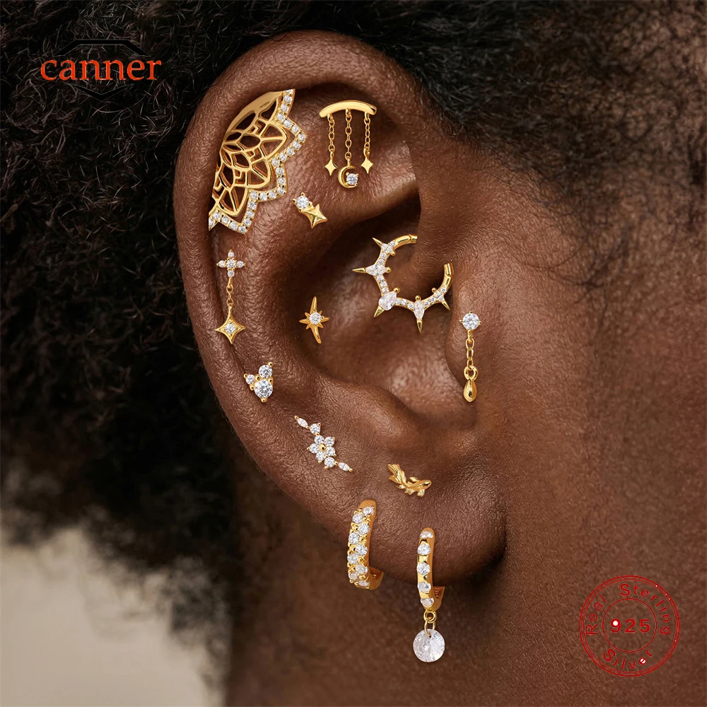 

CANNER 1PC Geometric CZ Classic Cartilage Spiral Puncture 925 Sterling Silver Stud Earring For Women Ins 18K Gold Plated Earring