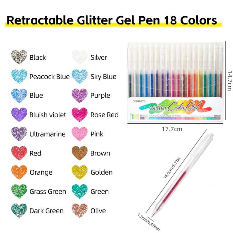 18 Colors Glitter Gel Pens Set 1.0mm Nib Colored Ink Art Drawing,Hand Account,Journaling,DIY School Office Stationery Supplies