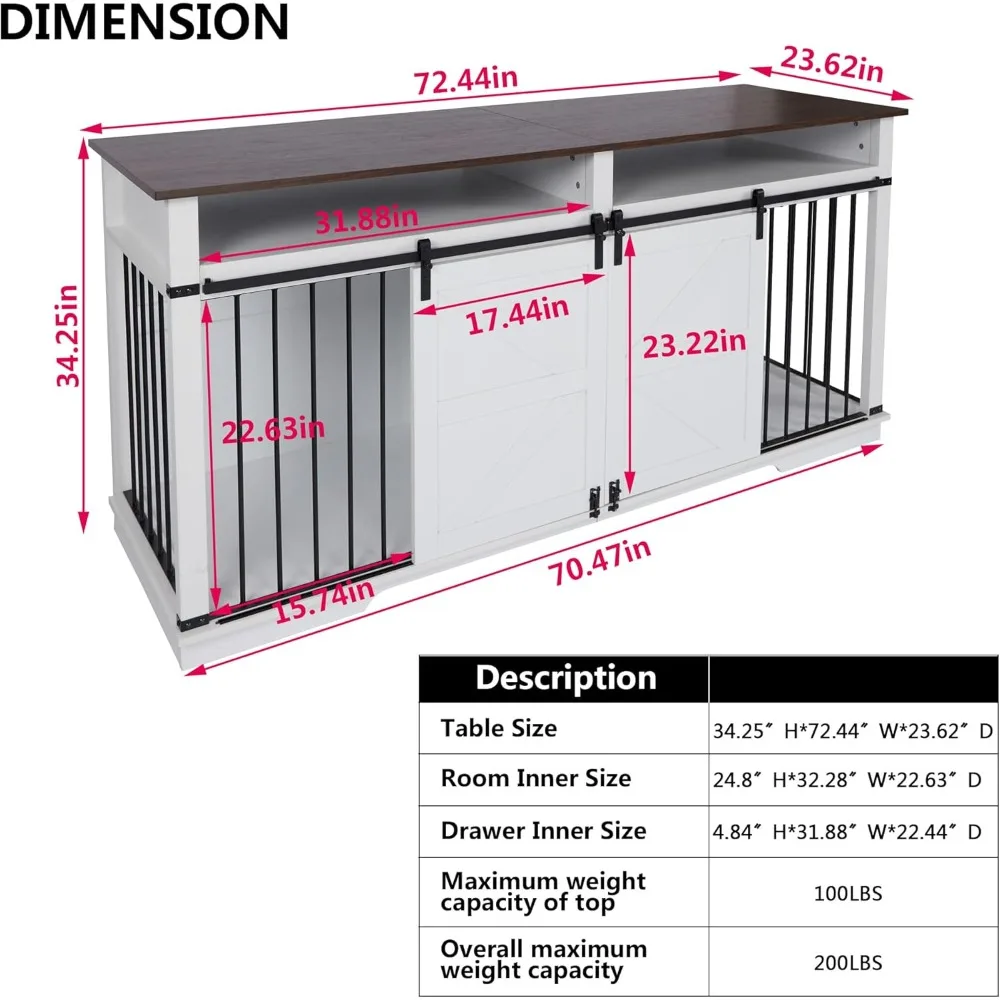large double dog crate furniture 72.4" indoor dog kennel with sliding barn door and divider,heavy duty dog crate wooden tv stan