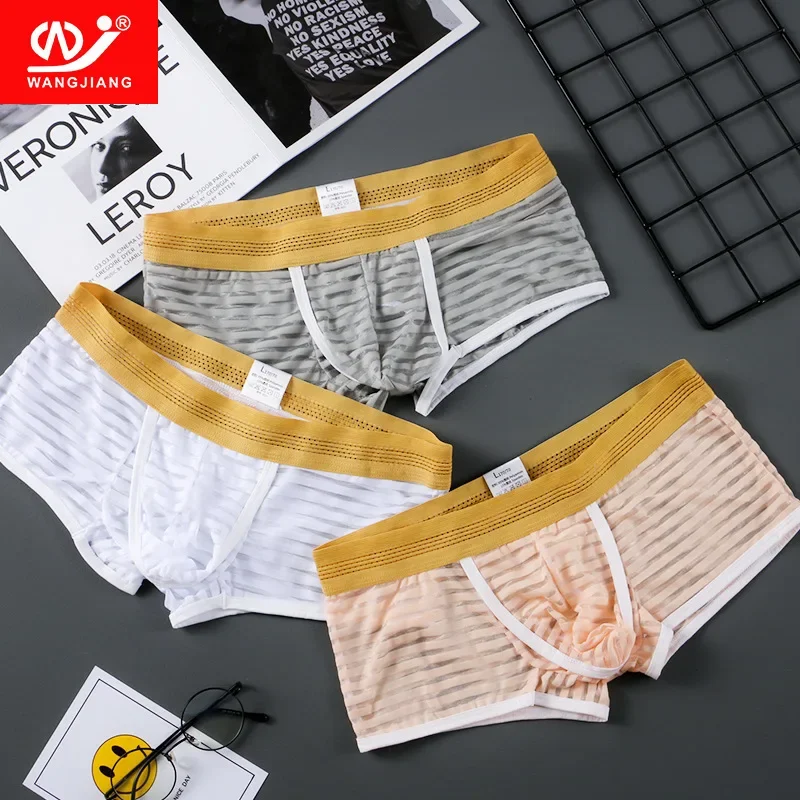 

Transparent Underwear for Men Sexy Striped Boxer Trunks Ice Silk Bulge Pouch Underpants See Through Panties Male Soft Shorts