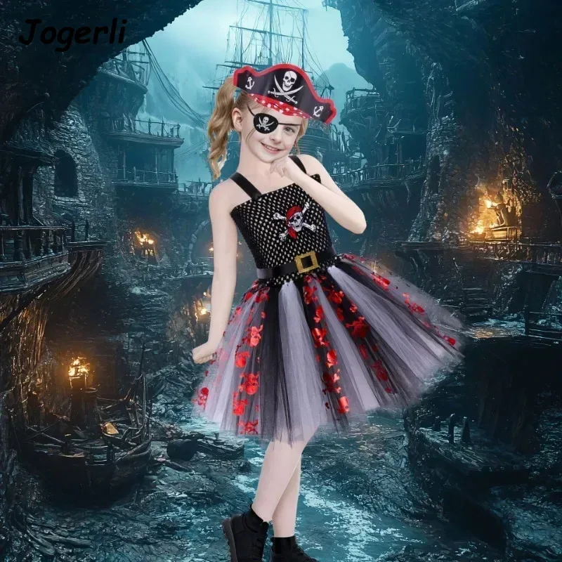 Jogerli 어린이 할로윈 해적 메쉬 키즈 소녀 코스프레 의상 캐리비안 코스 천 모자 마스크c;6,r'8;p'