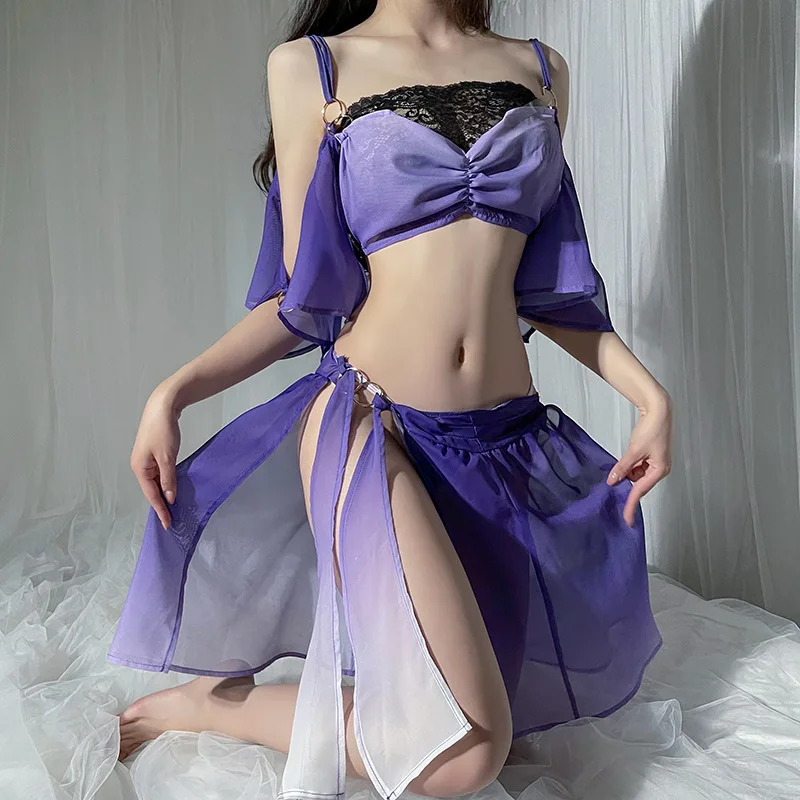 ชุดยอดกระโปรงสุดเซ็กซี่จาก Hanfu ชุดจีนโบราณคอสเพลย์นางฟ้าเต้นรำสีม่วงชุดเดรสชั้นในลูกไม้ใหม่