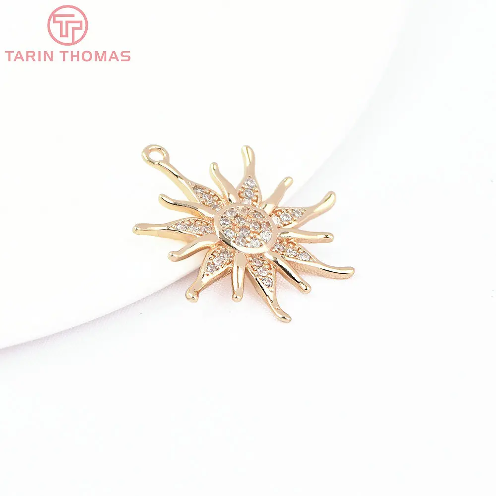 (8240) 2PCS 21x22.5MM 24K Gold Color Brass with Zircon Sun Flowers Pendants High Quality DIY Jewelry Making Findings Accessories