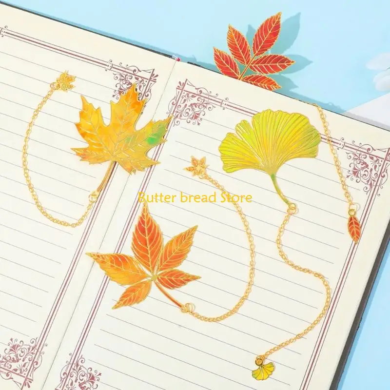 W89C 4Pcs Fall Leaves Metal Bookmarks with Chain Pendant Novel Fiction Page Marker Page Divider for Book Lover Teacher Adult