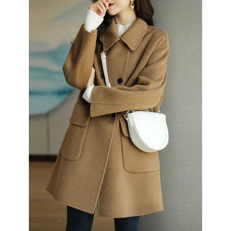 Mittellanger knielanger Wollmantel für Damen, einfarbiger Fleecemantel, warmer Retention-Mantel, koreanischer Stil, neu, Herbst und Winter