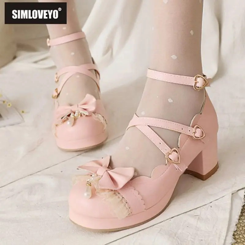 SIMLOVEYO Lolita sepatu pump bulat untuk wanita, sepatu hak tinggi bulat, sepatu Platform gesper pita, sepatu ukuran besar 43 44 45, sepatu manis untuk pelajar sekolah 33