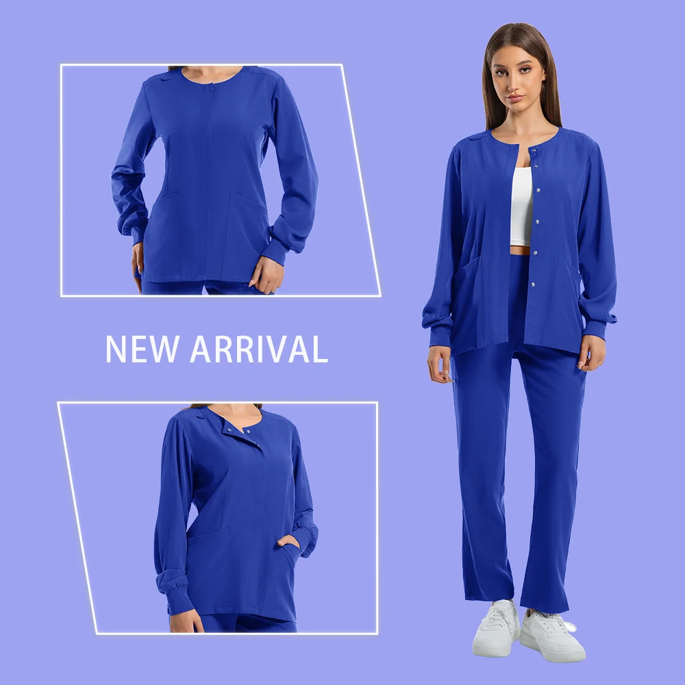 

Nurse Uniforms Round Neck Top Scrub Jacket Straight Pants Sets Surgical Workwear Hospital Long Sleeve Snap Front Medical Outfit