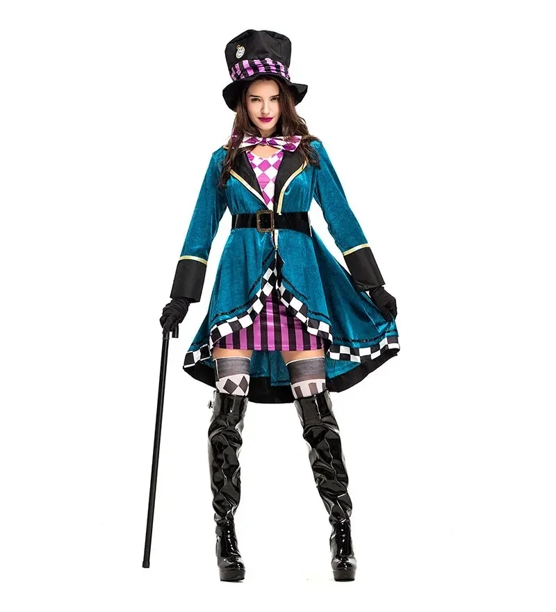 

Halloween Adult Alice in Wonderland Clown Mad Hatter Costume Tailcoat Women Sexy Magician Carnival Party Fancy Dress