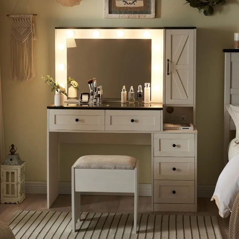 Farmhouse Vanity Desk with Mirror and Lights, 43