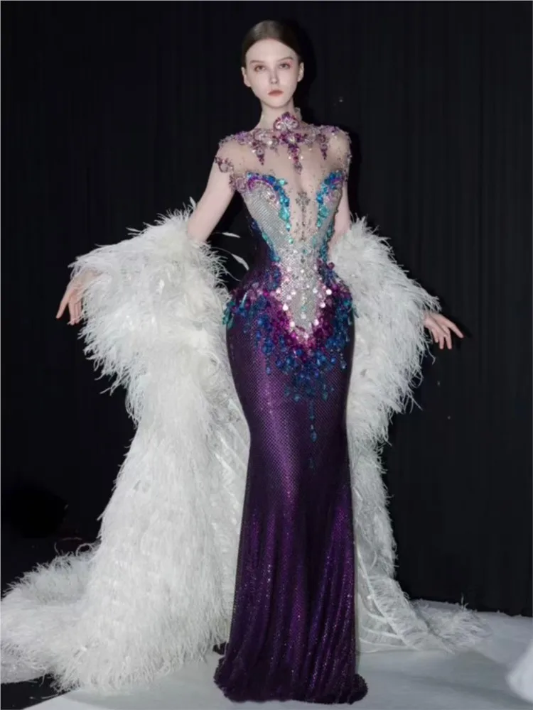 Purple heavy Industry Haute couture light luxury niche fishtail toasting party banquet host dress view 5
