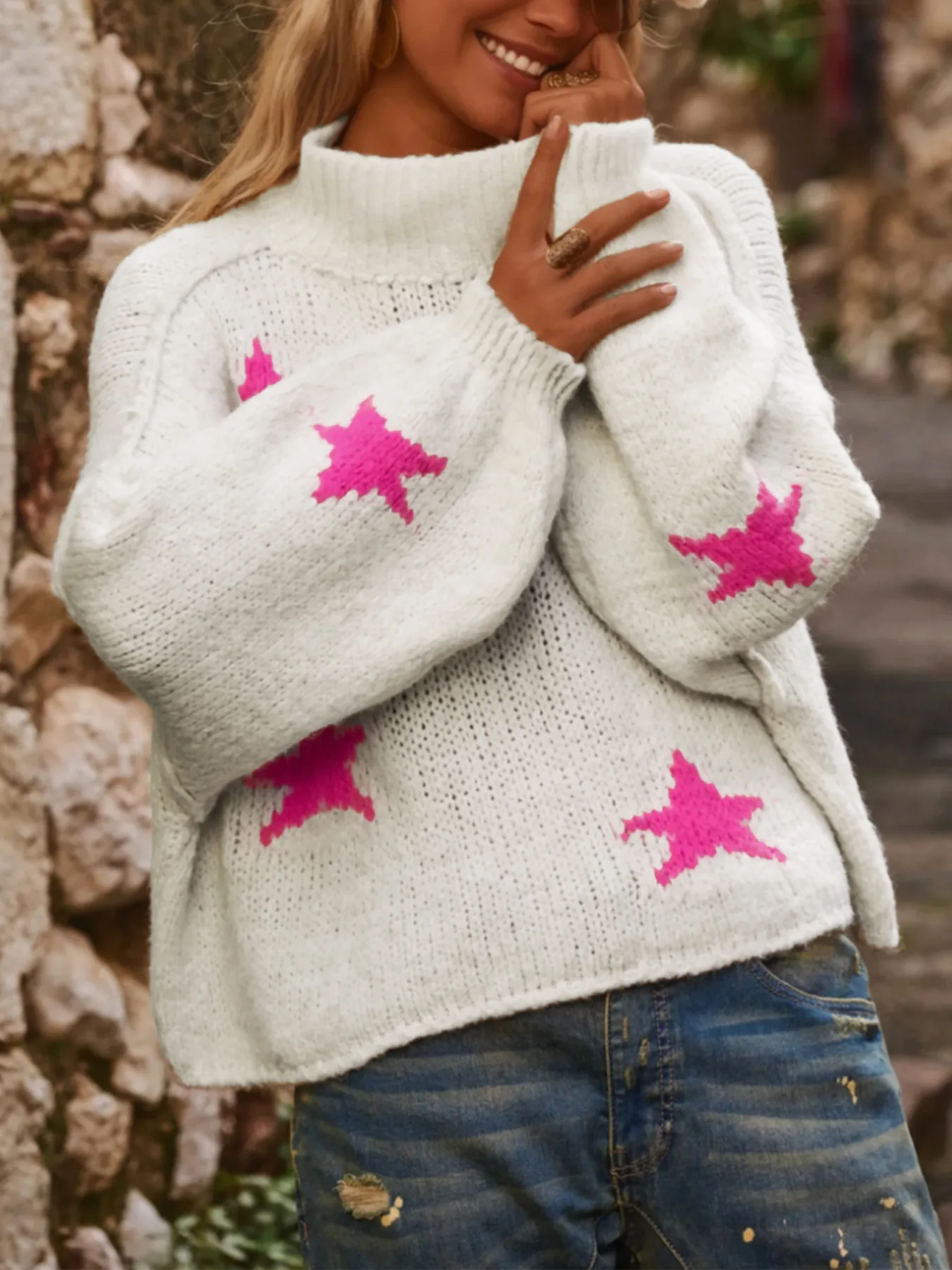 

2025 Sweater Women's Fashion Latest Hot Selling High Neck Pullover Long Sleeved Five Pointed Star Pattern Knitted Sweater Top
