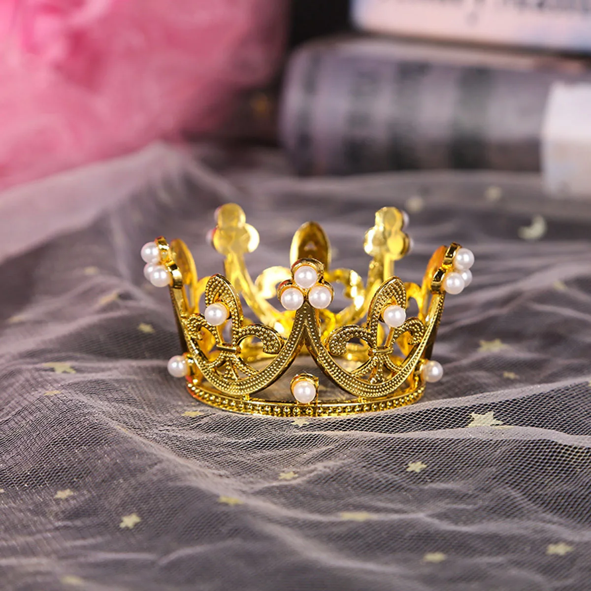 Mini Pearl Crown Cake Topper Romantic Garland Happy Birthday Children Hair Ornaments Wedding Decoration Favors Party image 5