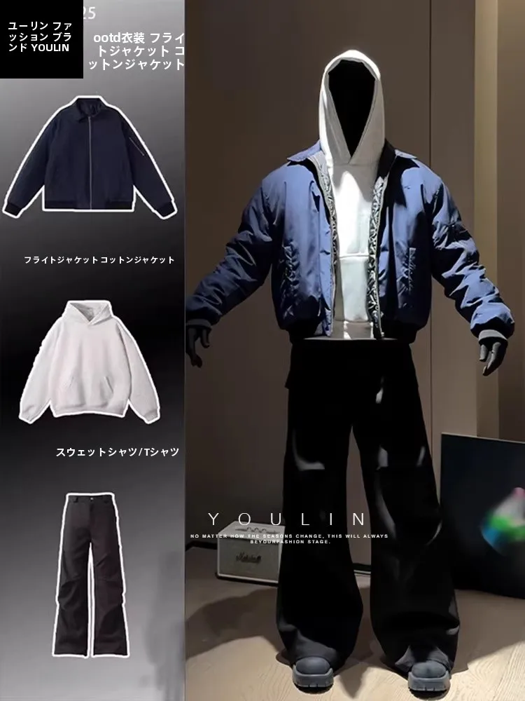 

American Style Pilot Jacket Cotton Suit Men's Whole Set OOTD Trendy Brand Handsome CleanFit Collar Coat Youth Winter Long Sleeve