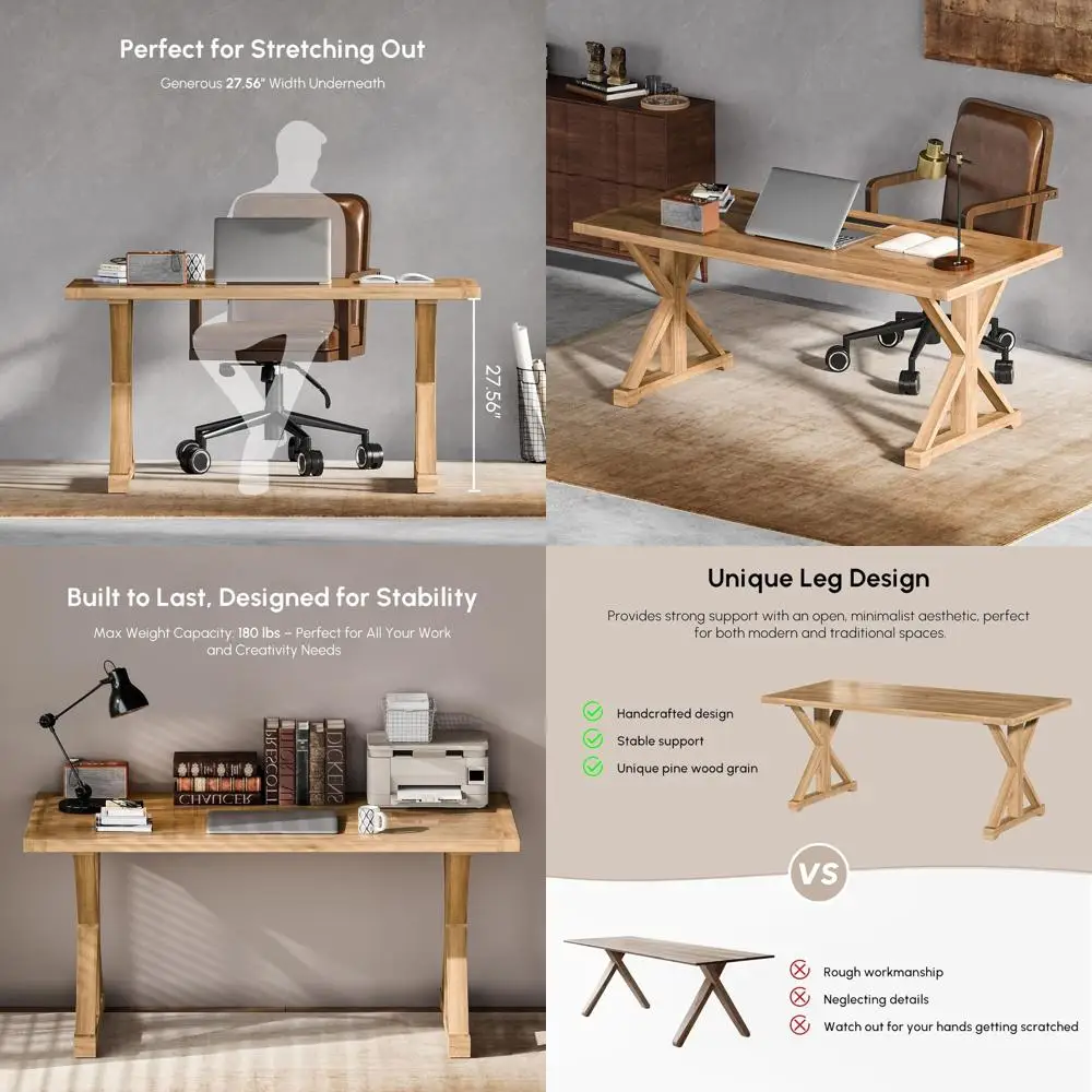 

Rustic Solid Wood Executive Desk with X-Trestle Base, Compact Writing and Computer Desk for Home Office or Study
