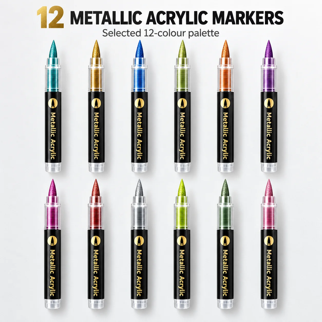12 Metallic Acrylic Colour Markers with Clear Collectors, Store Selected Set