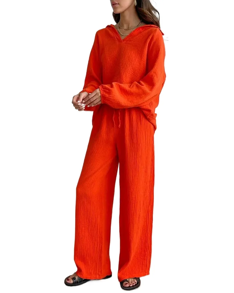 Hot Sale Women Casual Loose Pullover Two Piece Set V-Neck Lace-Up Top Drawstring Wide Leg Pants Solid Color Soft Suits