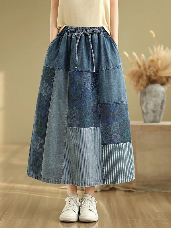 

Irregular A-Line Skirt Women's 2025 New Summer Korean Artistic Retro Denim Patchwork Versatile High Waist Jeans Skirt