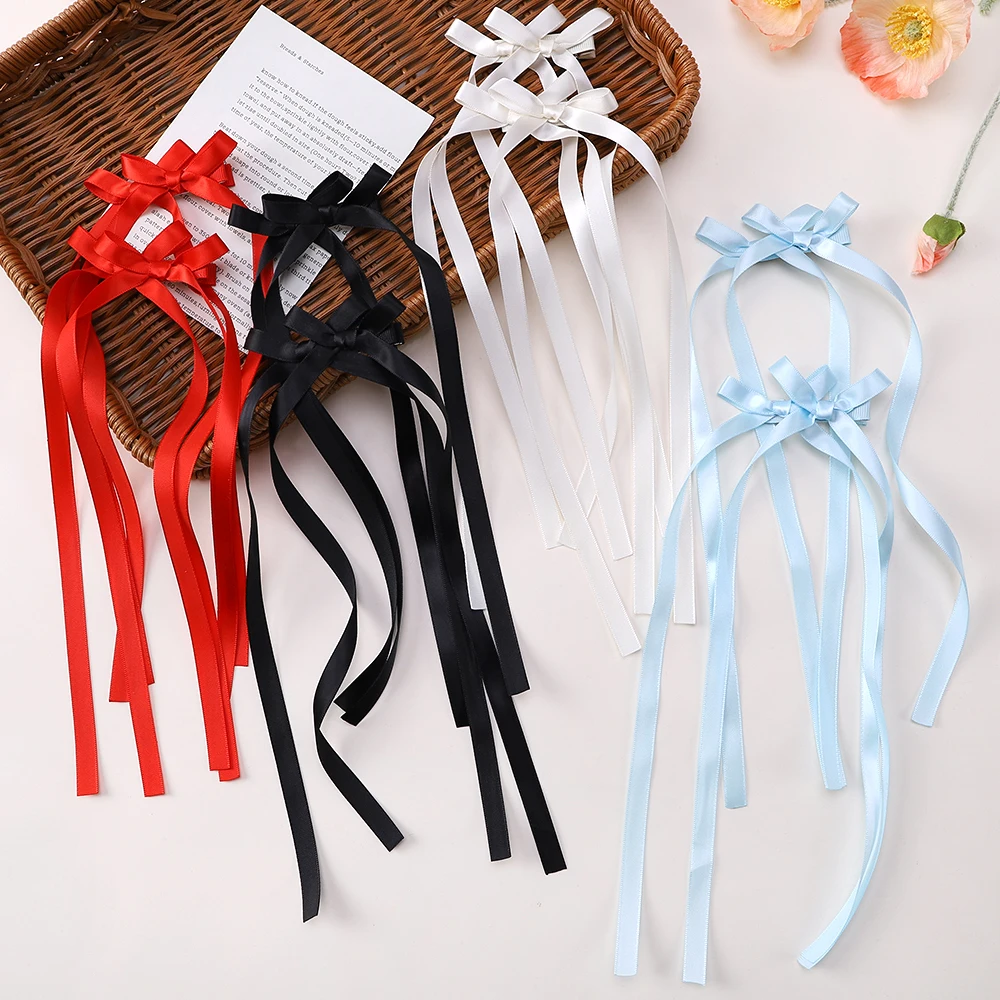 2pcs/lot Y2k long silk strip hair clip solid color double bow sweet hairgripes elegant tassel ponytail tie barrette