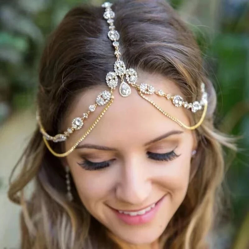 Indian Crystal Bridal Water Drop Forehead Head Chain Headbands Hair Ornament for Women Bridal Wedding Headdress Hair Accessories