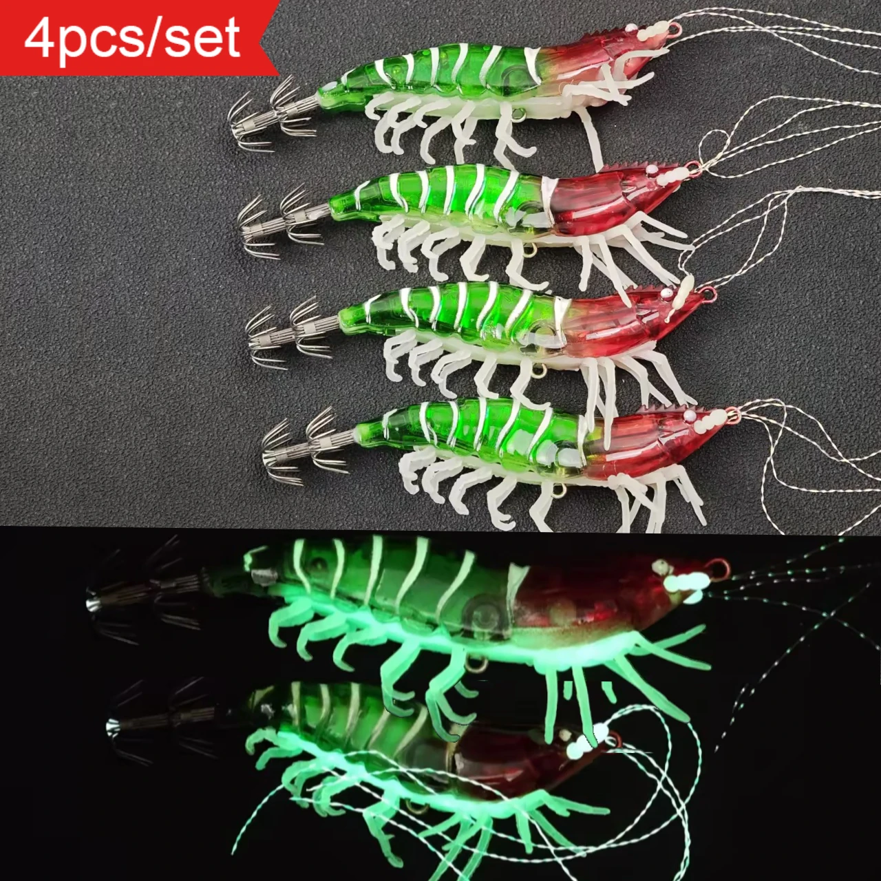 

4pcs Horizontal Squid Jig Egi Set Simulation Shrimp Fishing Lure Night Glow Luminous Squid Bait Saltwater Cuttlefish Octopus