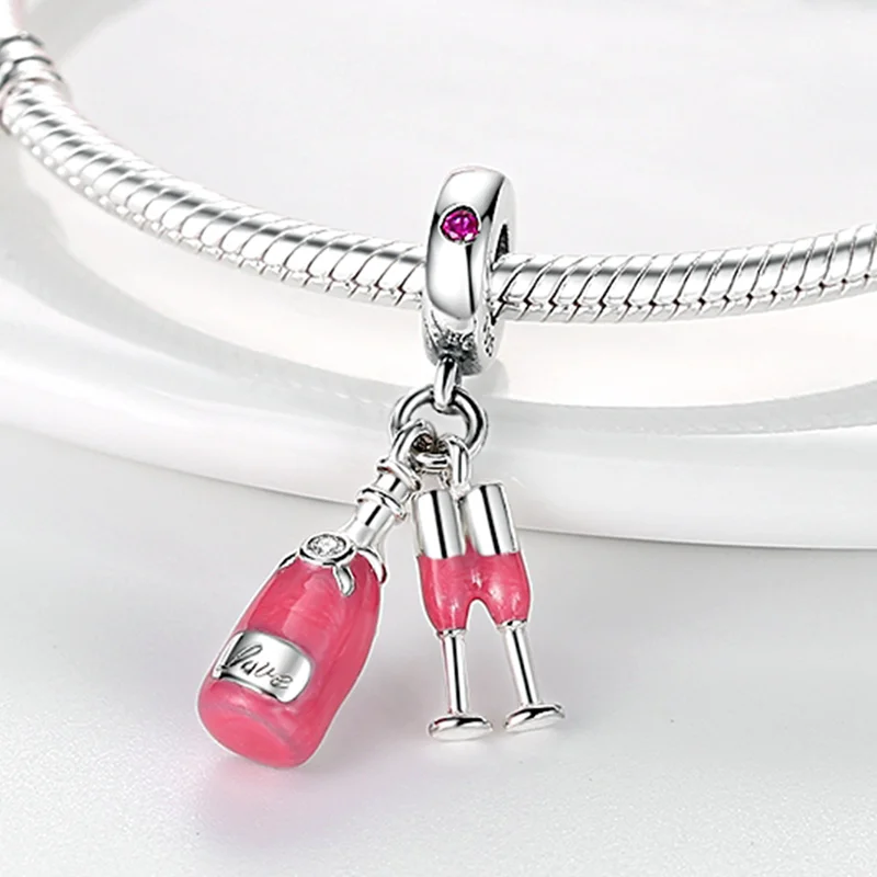 Nowy 925 Sterling Silver filiżanka kawy wisiorek koralik Fit Pandora oryginalna bransoletka dla kobiet lampka do wina kawy Dangle piękna biżuteria