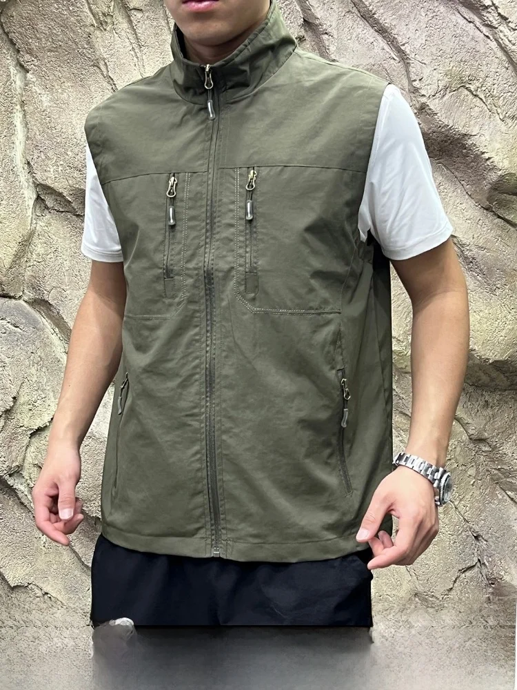 

3D Workwear Cut Men's Stand Collar Vest Moisture Wicking Mesh Outdoor Casual Style Nylon Fabric Zipper Closure
