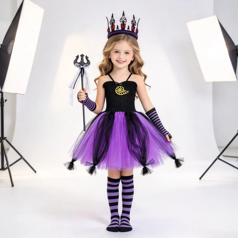 Girls Sea Witch Tutu Dress Set Kids Tulle Puffy Skirt with Crown and Scepter Halloween Cosplay Party Costume for Girls
