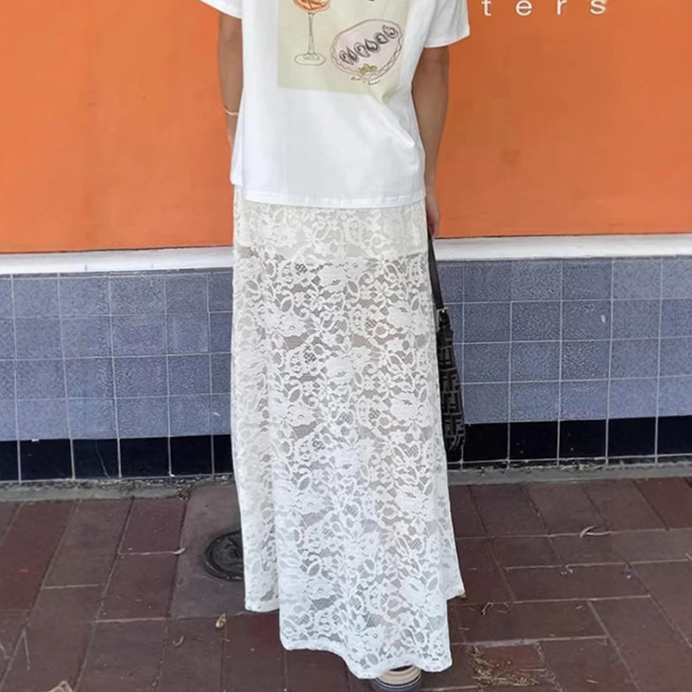 Gonna lunga in pizzo trasparente di presagio: rete fluida a vita alta – abito da festa serale autunno/inverno, gonna longuette trasparente edgy ed elegante