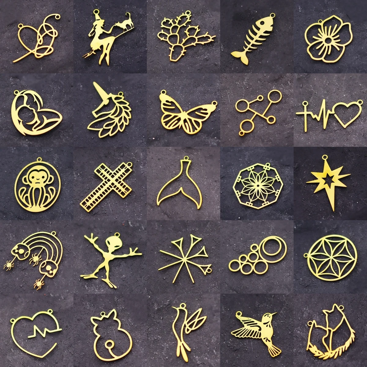 3 pièces doré licorne chat singe colibri bricolage breloques plante fleur coeur pendentif en acier inoxydable pour Bracelets fabrication de bijoux